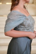 Aritri Women's Grey Silver Embroidered Off-Shoulder Crop Top with Draped Satin Skirt Co-Ord Set - Image 5