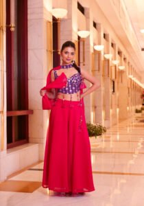 Aritri Women's Purple & Rani Pink Floral Embroidered Crop Top with Flared Palazzo Pants & Dupatta Set - Image 2