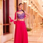 Aritri Women's Purple & Rani Pink Floral Embroidered Crop Top with Flared Palazzo Pants & Dupatta Set