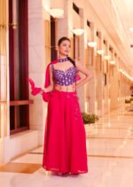 Aritri Women's Purple & Rani Pink Floral Embroidered Crop Top with Flared Palazzo Pants & Dupatta Set