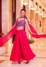 Aritri Women's Purple & Rani Pink Floral Embroidered Crop Top with Flared Palazzo Pants & Dupatta Set - Image 8
