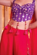Aritri Women's Purple & Rani Pink Floral Embroidered Crop Top with Flared Palazzo Pants & Dupatta Set - Image 3