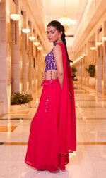 Aritri Women's Purple & Rani Pink Floral Embroidered Crop Top with Flared Palazzo Pants & Dupatta Set - Image 5