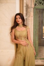 Aritri Women's Olive Gold Embroidered Crop Top with Flared Sharara Pants & Dupatta Set - Image 6