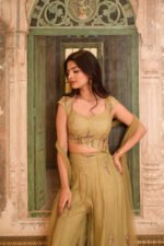 Aritri Women's Olive Gold Embroidered Crop Top with Flared Sharara Pants & Dupatta Set - Image 7
