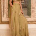 Aritri Women's Olive Gold Embroidered Crop Top with Flared Sharara Pants & Dupatta Set