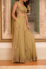 Aritri Women's Olive Gold Embroidered Crop Top with Flared Sharara Pants & Dupatta Set