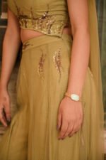 Aritri Women's Olive Gold Embroidered Crop Top with Flared Sharara Pants & Dupatta Set - Image 3