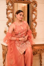Aritri Women's Peach Floral Embroidered Sleeveless Kurta with Flared Palazzo Pants & Ruffle Dupatta Set - Image 2