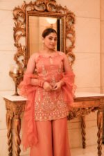 Aritri Women's Peach Floral Embroidered Sleeveless Kurta with Flared Palazzo Pants & Ruffle Dupatta Set - Image 7