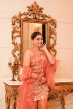 Aritri Women's Peach Floral Embroidered Sleeveless Kurta with Flared Palazzo Pants & Ruffle Dupatta Set - Image 6
