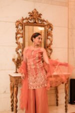 Aritri Women's Peach Floral Embroidered Sleeveless Kurta with Flared Palazzo Pants & Ruffle Dupatta Set - Image 5