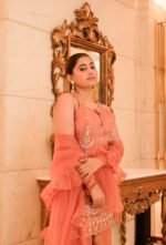 Aritri Women's Peach Floral Embroidered Sleeveless Kurta with Flared Palazzo Pants & Ruffle Dupatta Set - Image 4