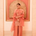 Aritri Women's Peach Floral Embroidered Sleeveless Kurta with Flared Palazzo Pants & Ruffle Dupatta Set