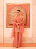 Aritri Women's Peach Floral Embroidered Sleeveless Kurta with Flared Palazzo Pants & Ruffle Dupatta Set