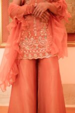 Aritri Women's Peach Floral Embroidered Sleeveless Kurta with Flared Palazzo Pants & Ruffle Dupatta Set - Image 3