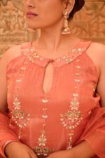 Aritri Women's Peach Floral Embroidered Sleeveless Kurta with Flared Palazzo Pants & Ruffle Dupatta Set - Image 8
