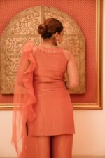 Aritri Women's Peach Floral Embroidered Sleeveless Kurta with Flared Palazzo Pants & Ruffle Dupatta Set - Image 9