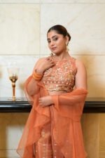 Women's Peach Orange Embroidered Crop Top with Palazzo & Organza Dupatta 3-Piece Co-Ord Set - Image 9