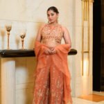 Women's Peach Orange Embroidered Crop Top with Palazzo & Organza Dupatta 3-Piece Co-Ord Set