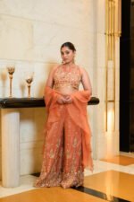 Women's Peach Orange Embroidered Crop Top with Palazzo & Organza Dupatta 3-Piece Co-Ord Set