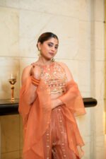 Women's Peach Orange Embroidered Crop Top with Palazzo & Organza Dupatta 3-Piece Co-Ord Set - Image 8
