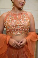 Women's Peach Orange Embroidered Crop Top with Palazzo & Organza Dupatta 3-Piece Co-Ord Set - Image 3