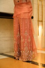 Women's Peach Orange Embroidered Crop Top with Palazzo & Organza Dupatta 3-Piece Co-Ord Set - Image 4