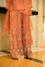 Women's Peach Orange Embroidered Crop Top with Palazzo & Organza Dupatta 3-Piece Co-Ord Set - Image 7