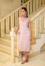 Aritri Women's Baby Pink Floral Embroidered Sleeveless Straight Kurta with Dhoti Pants & Dupatta Set